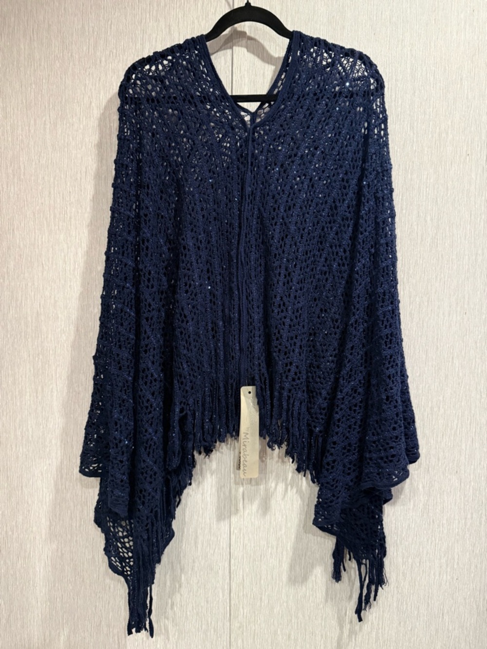 Serenity Navy Open-Knit Fringe Poncho